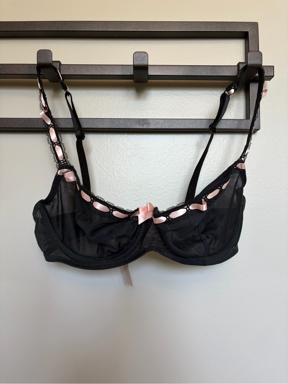 Victoria's Secret Black Sheer Underwire Bra with Pink Ribbon Accent